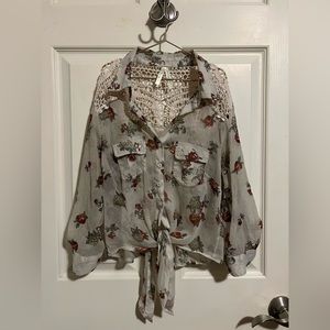 Crochet lace and sheer floral button up top